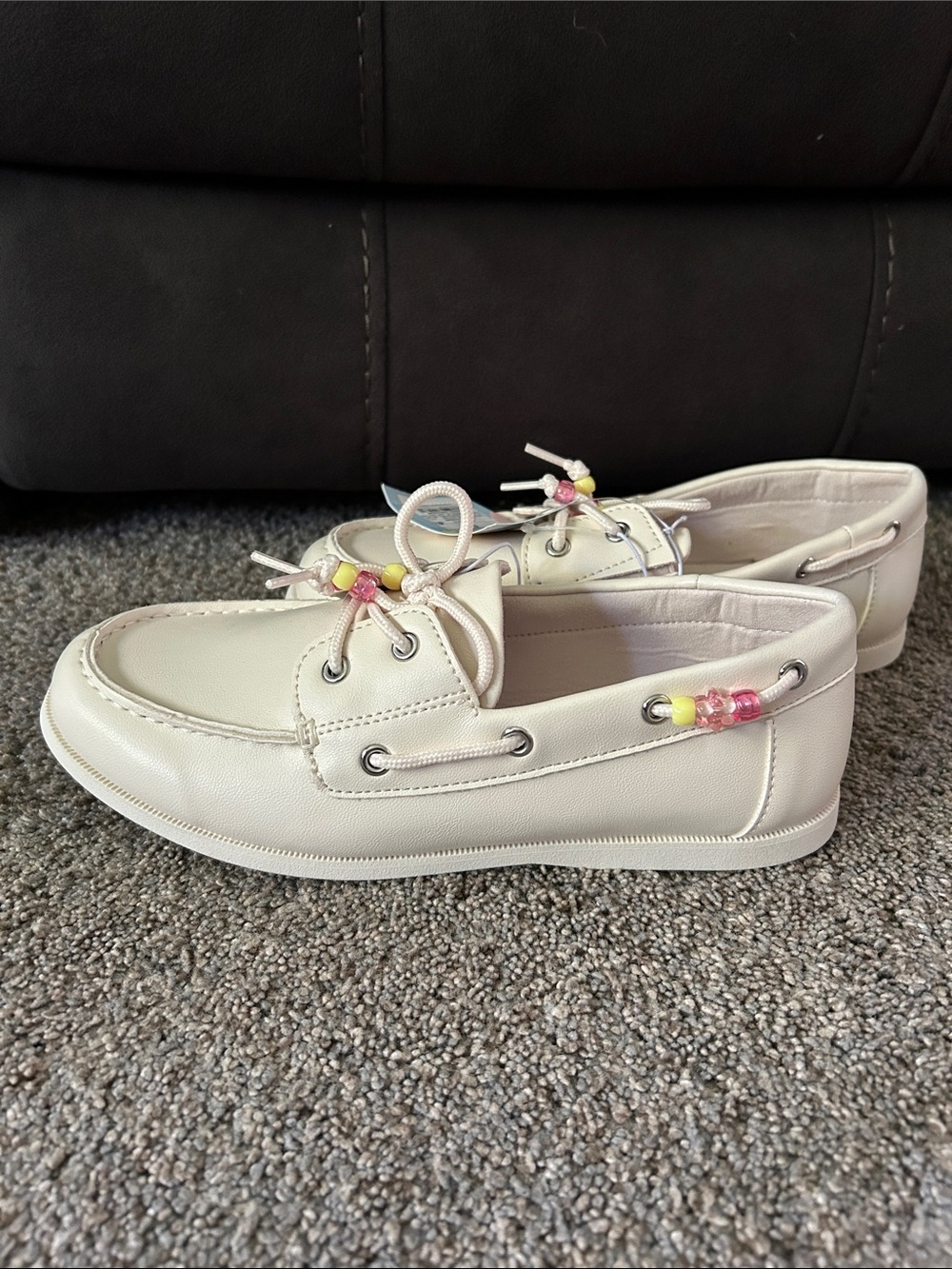 Cat & Jack Cream Boat Shoes with Pink and Yellow Beads